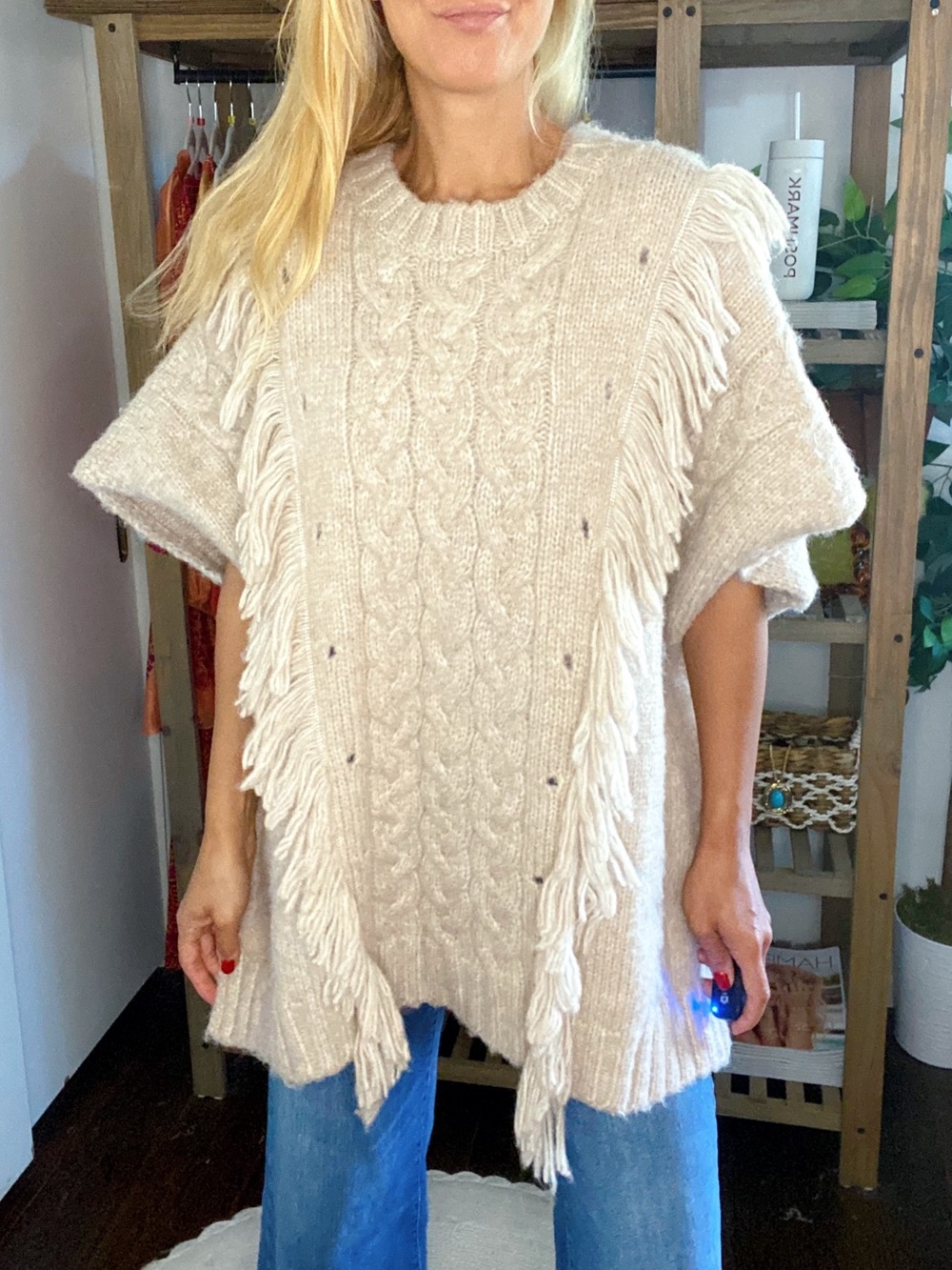 AERIE Beige Fringe Cable-Knit Chunky Poncho Style Sweater! 🍂